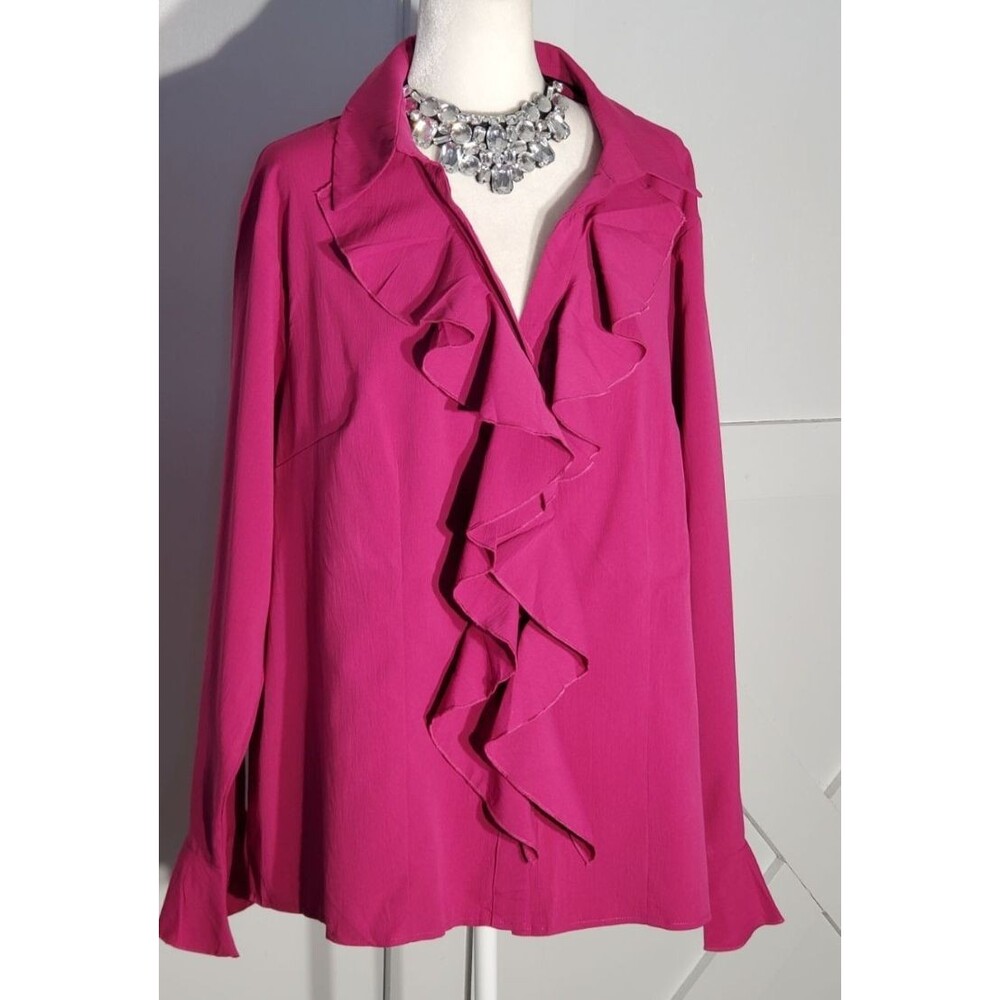 SHEIN CURVE BLOUSE PINK BELL SLEEVE POLYESTER RUFFLE NECK SIZE 3X